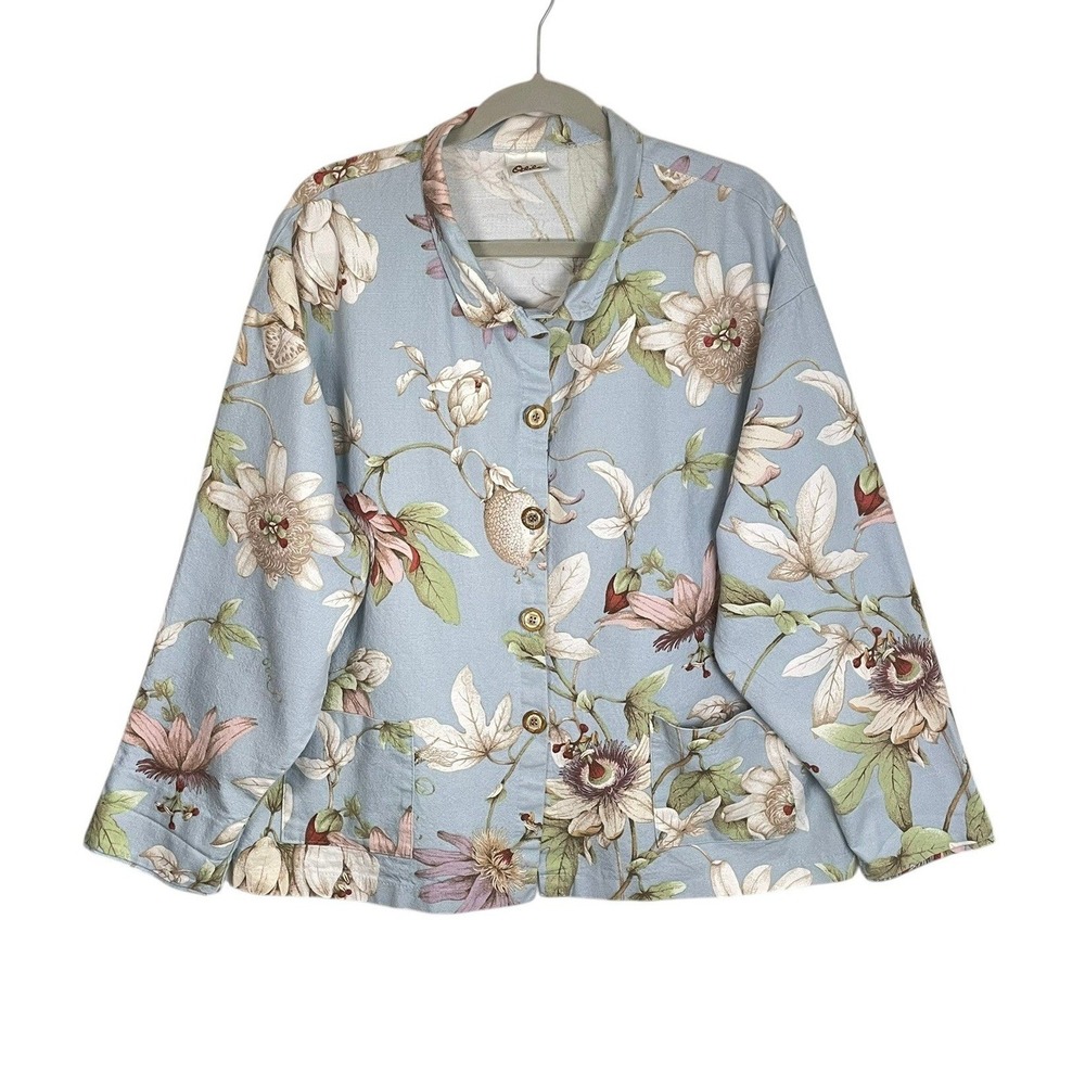 Odile Womens XL Blue Cotton Botanical Floral Button Front Jacket Dragonfly Patch
